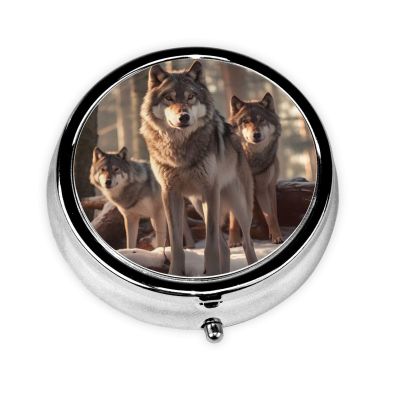 Wolf Forest Winter Pill Box 3 Compartment Pill Case, Portable Medicine Pill Organizer for Pocket Purse Pill Box Decorative Metal Medicine Vitamin Organizer