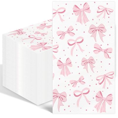100PCS Pink Bow Napkins Disposable Hand Towels for Bathroom 3 Ply Decorative Bow Paper Napkins Pink Coquette Party Guest Napkins for Birthday Bachelorette Bridal Wedding Party Supplies