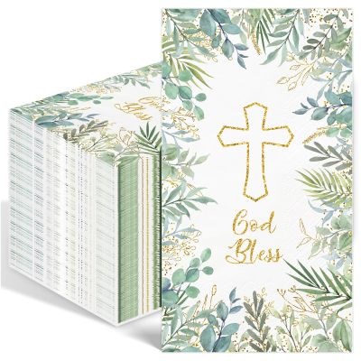 100PCS Greenery Religious Paper Napkins 3 Ply Blessed Cross Disposable Hand Towels for Bathroom Decorative Eucalyptus Guest Napkins for First Communion Holy Baptism Wedding Religious Spring Party