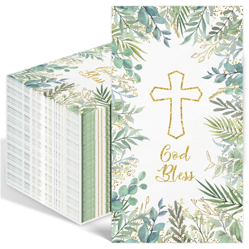 100PCS Greenery Religious Paper Napkins 3 Ply Blessed Cross Disposable Hand Towels for Bathroom Decorative Eucalyptus Guest Napkins for First Communion Holy Baptism Wedding Religious Spring Party