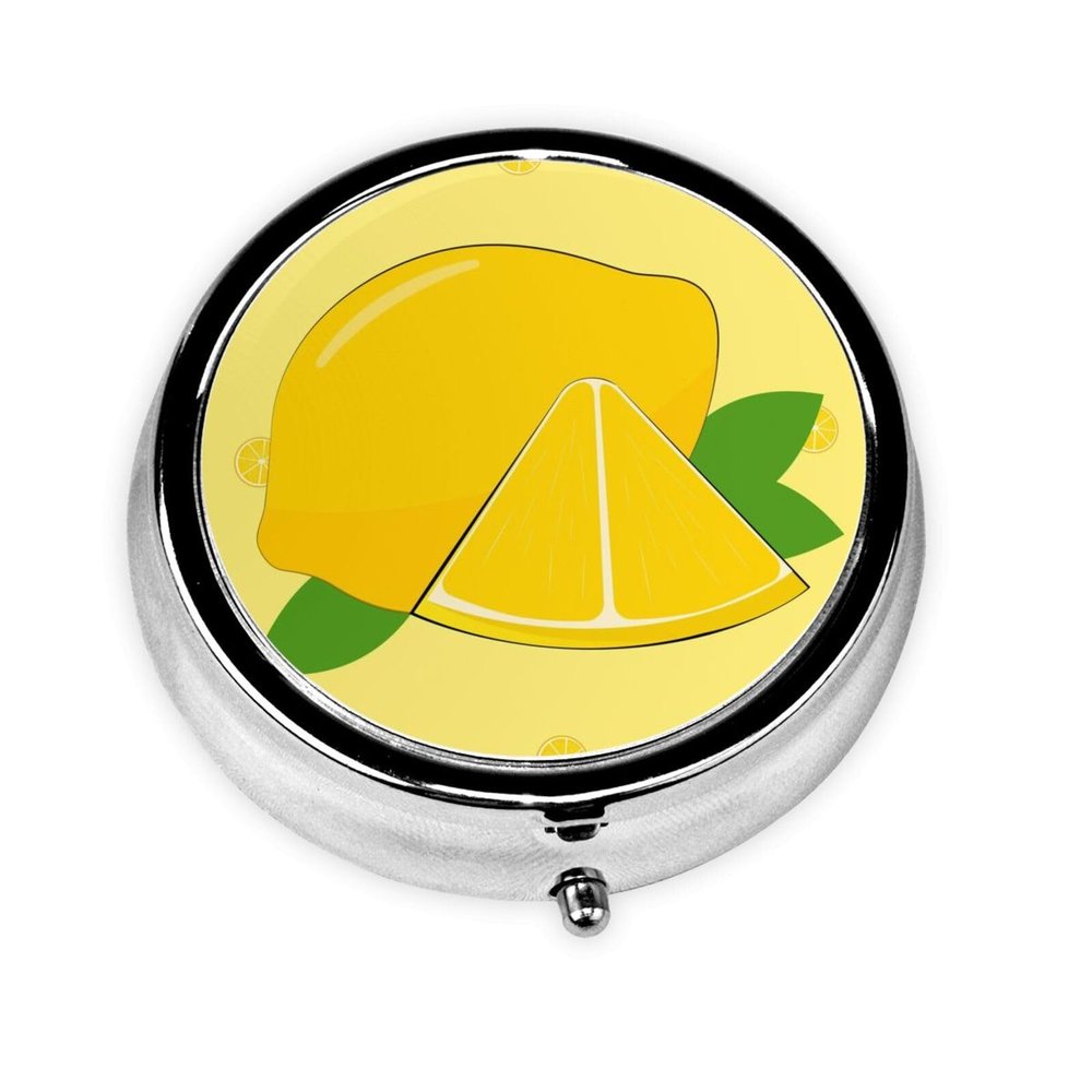 Cartoon Lemon Portable Round Pill Box, can fit into Wallet Pocket Lightweight 3 Compartment Pill Box, Carry Pill Box with You
