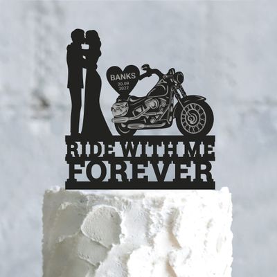Ride With Me Forever Biker Wedding Vintage Motorcycle Cake Topper,custom Motorbike Motorcycle Wedding Bride and Groom Cake Topper for Wedding,Engagement,Birthday,Anniversary,Shower Party Favors.