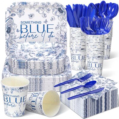 350 Pcs Something Blue Before I Do Paper Plates and Napkins Set 9 Inch 7 Inch Disposable Durable Dinnerware Wedding Bridal Shower Party Supplies Tableware Serve 50 Guest Cups Knife Forks Spoon