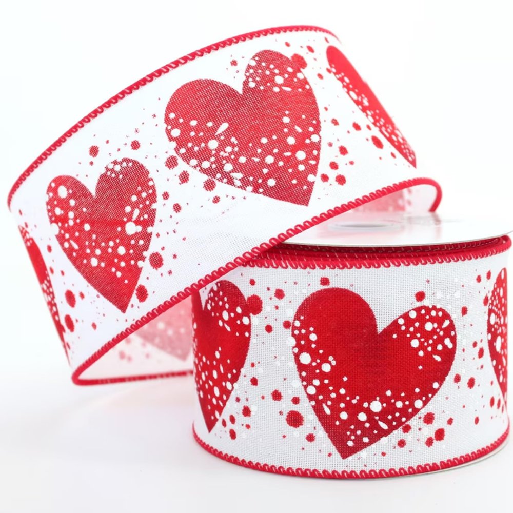 10 Yards Valentine's Day Heart Ribbon, Heart Wired Ribbon, Valentine's Day Heart Ribbon, Ribbon for Wreaths, 2.5" Wired Ribbon
