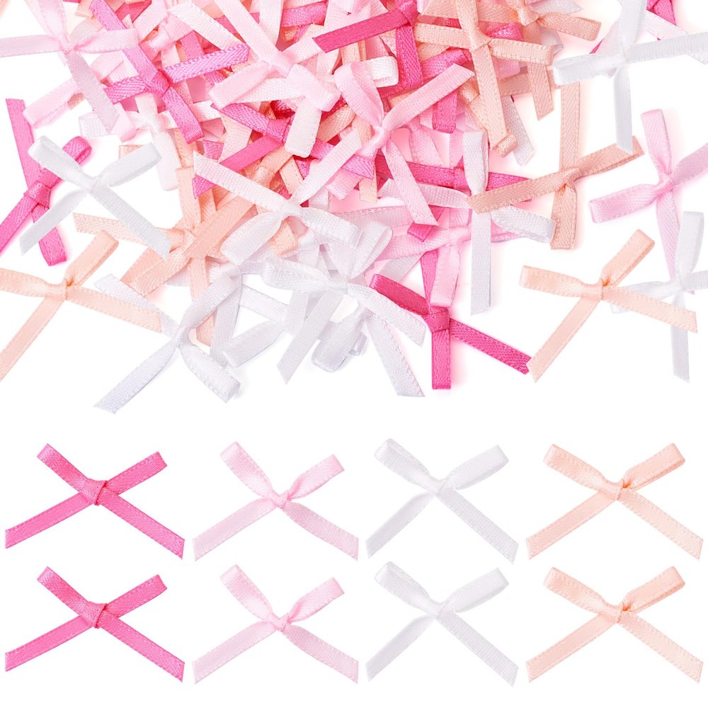 100 Pcs Mini Satin Ribbon Bows, Pink Bows Tiny Decoration Ribbon Bows, Pink Twist Tie Bows for Hair Accessories, Sewing Appliques Crafts, Costume, Shoe Decor Party Gift Box Ornaments