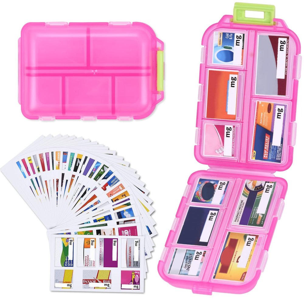 1 Pack 10 GRIDS Travel Pill Organizer Box with 189 Labels - Travel Medicine Case Kit - Pocket Daily Pharmacy Container - Travel Medication Holder Dispenser for Fish Oil Vitamin Supplement Storage