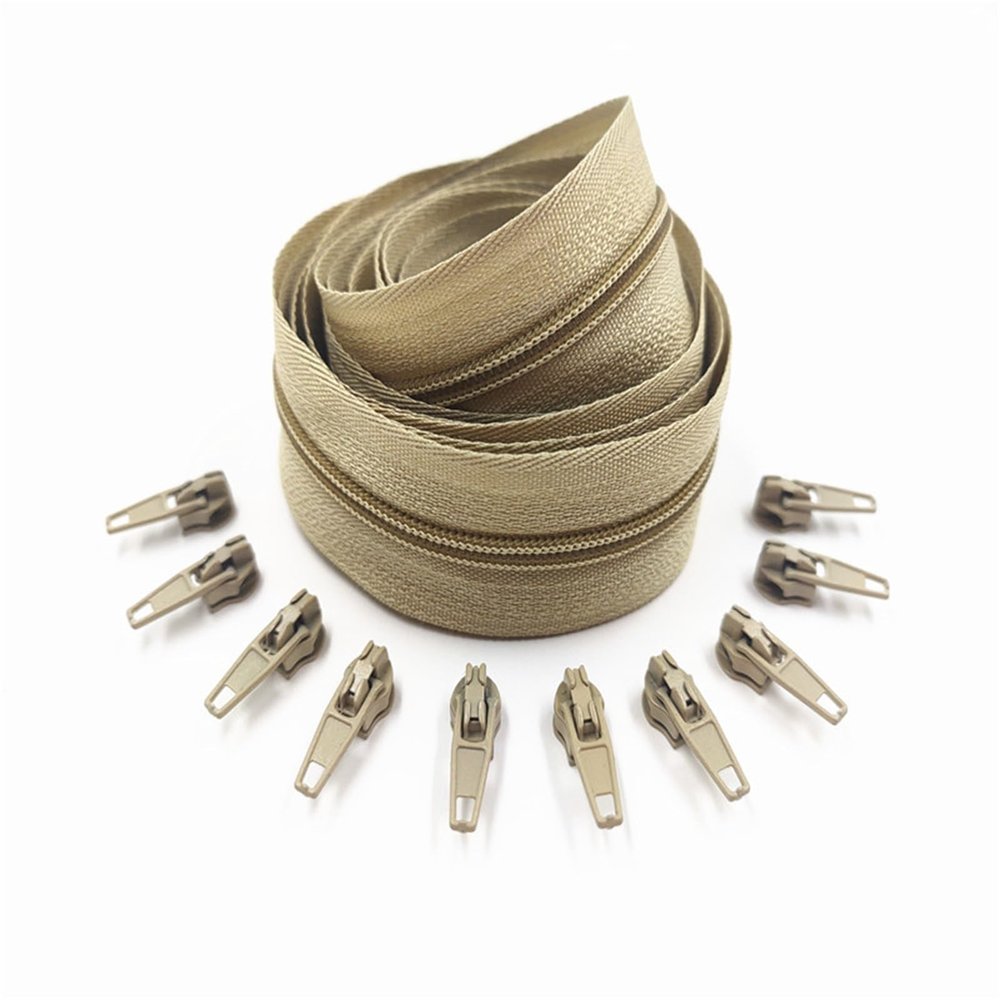 1/2/3/5/10 Meters 3# Long Nylon Zippers Rolls with 2/4/6/10/20 Pieces Zipper Slider for Tailor Sewing Accessories(Khaki,3 Meter 6 Slider)
