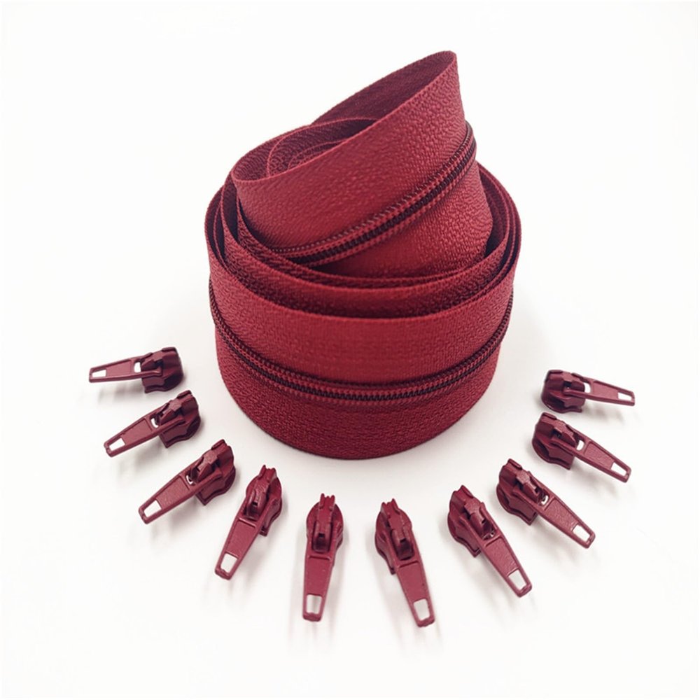 1/2/3/5/10 Meters 3# Long Nylon Zippers Rolls with 2/4/6/10/20 Pieces Zipper Slider for Tailor Sewing Accessories(Wine Red,5 Meter 10 Slider)