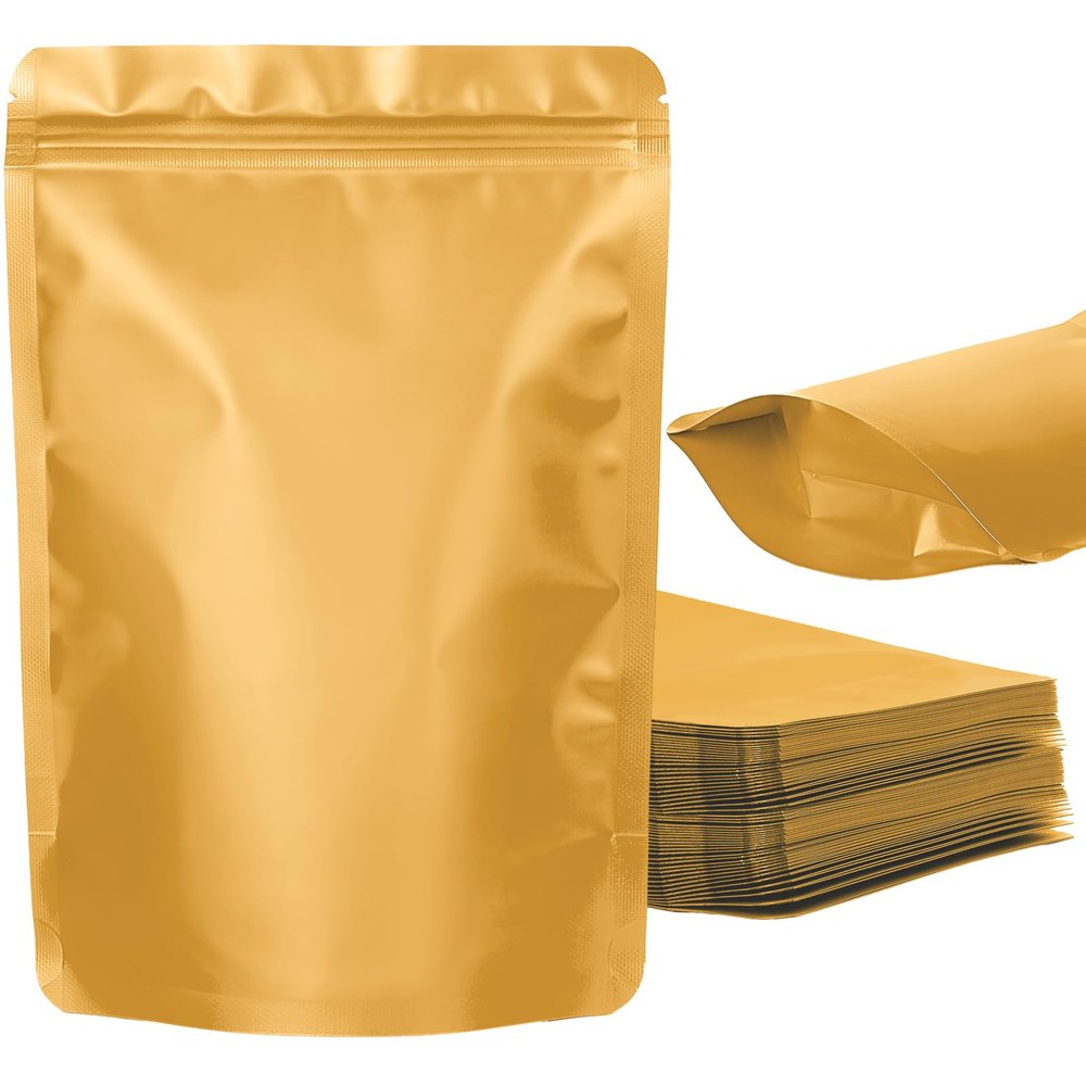 100 Pack Resealable Stand Up Bags,Smell Proof Pouch Sealable Foil Pouch Bags for PackagingGold,5.5" x 8.6"