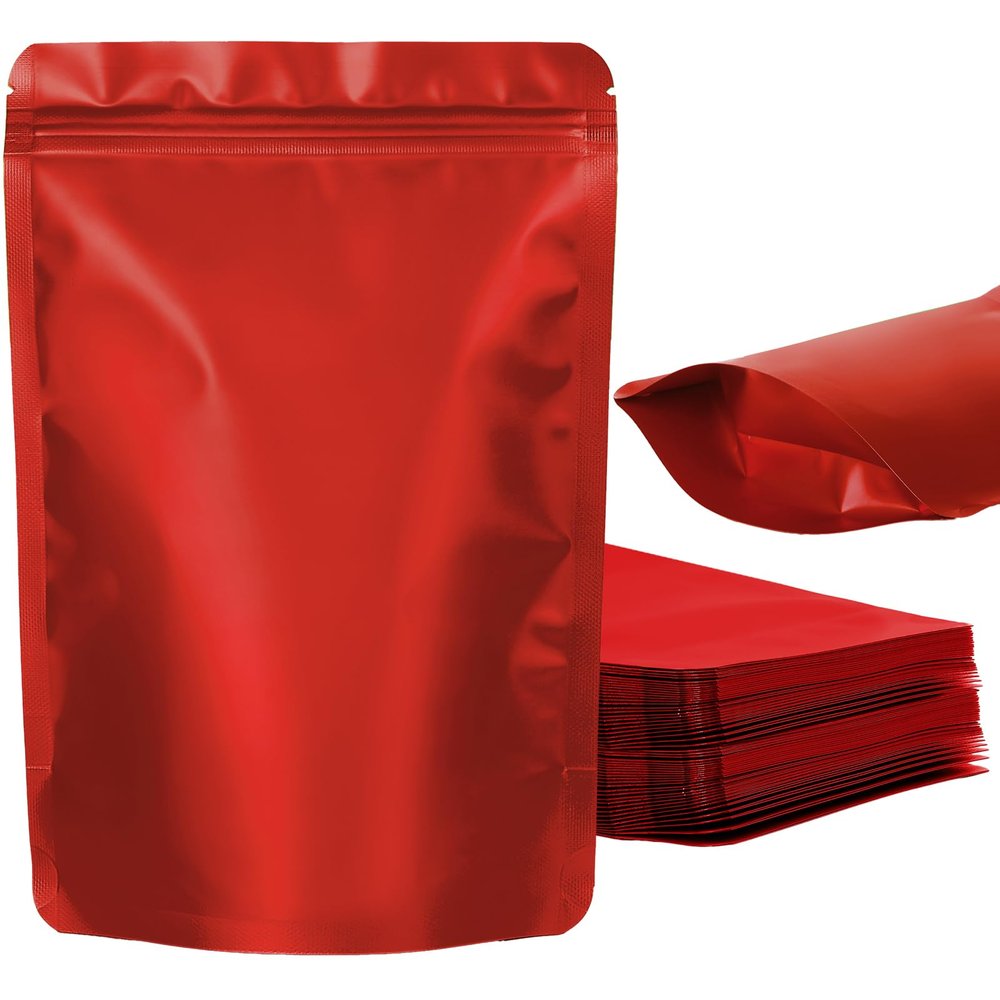 100 Pack Resealable Stand Up Bags,Smell Proof Pouch Sealable Foil Pouch Bags for PackagingRed,6.3" x 9.4"