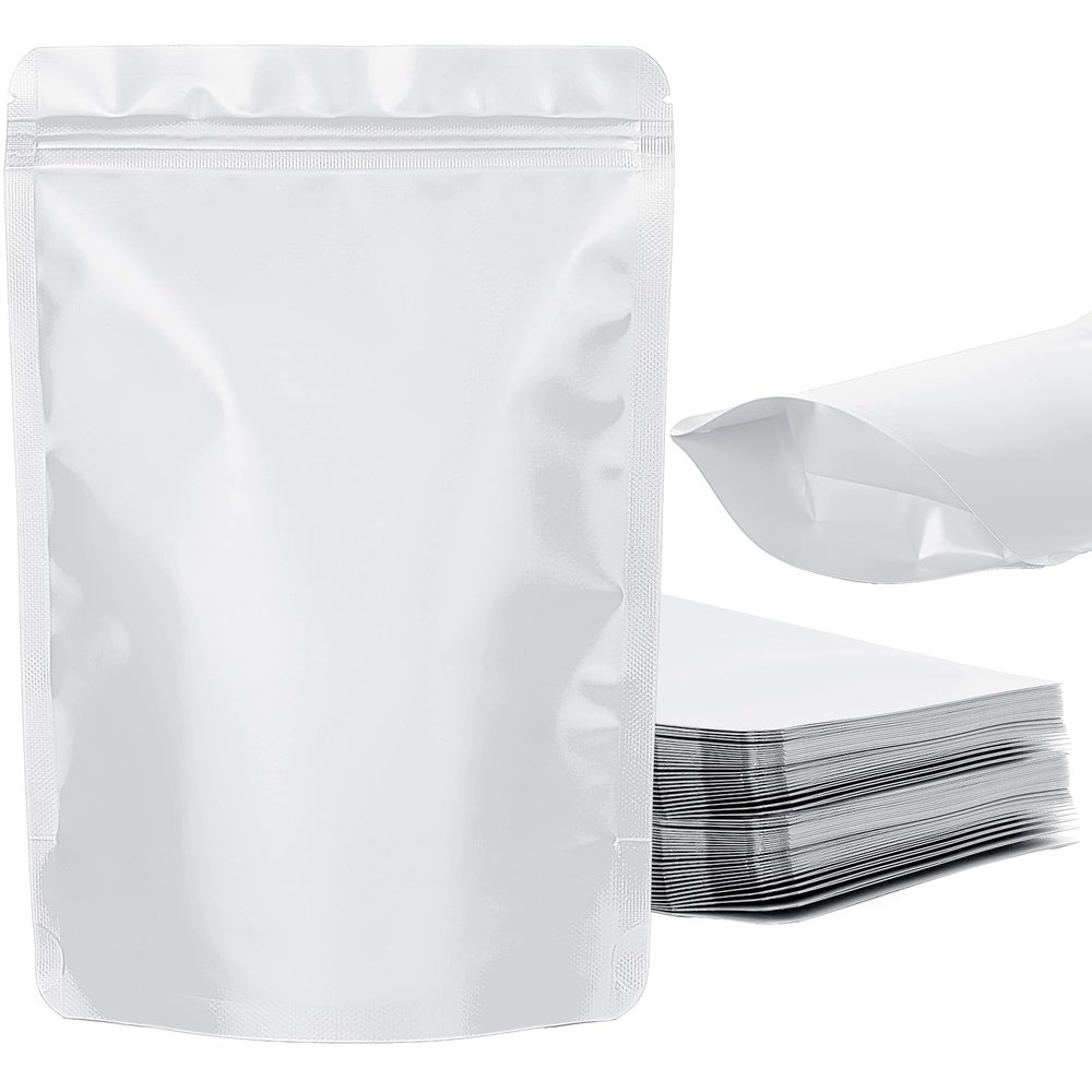 100 Pack Resealable Stand Up Bags,Smell Proof Pouch Sealable Foil Pouch Bags for PackagingWhite,7.9" x 11.8"