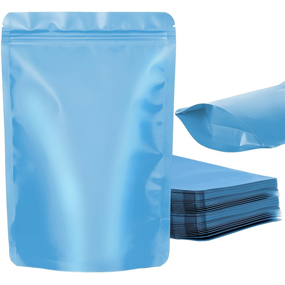 100 Pack Resealable Stand Up Bags,Smell Proof Pouch Sealable Foil Pouch Bags for PackagingBlue,4.7" x 7.9"