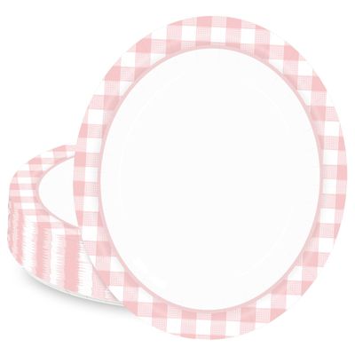 HEIPINIUYE 50 Pieces Light Pink Gingham Oval Paper Plates 10 X 12 Inch Pink and White Plates Disposable Dinner Plates for Picnic Wedding Baby Shower Birthday Party Dessert Plates