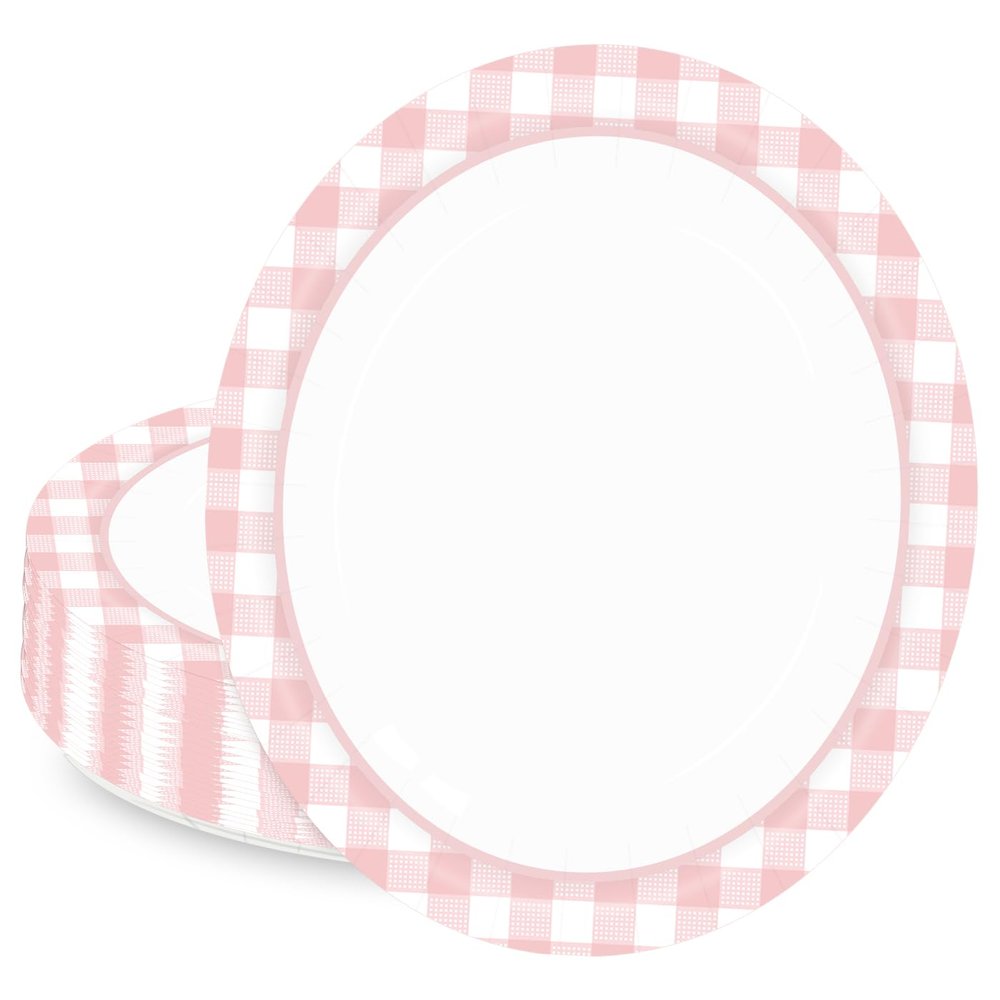 HEIPINIUYE 50 Pieces Light Pink Gingham Oval Paper Plates 10 X 12 Inch Pink and White Plates Disposable Dinner Plates for Picnic Wedding Baby Shower Birthday Party Dessert Plates