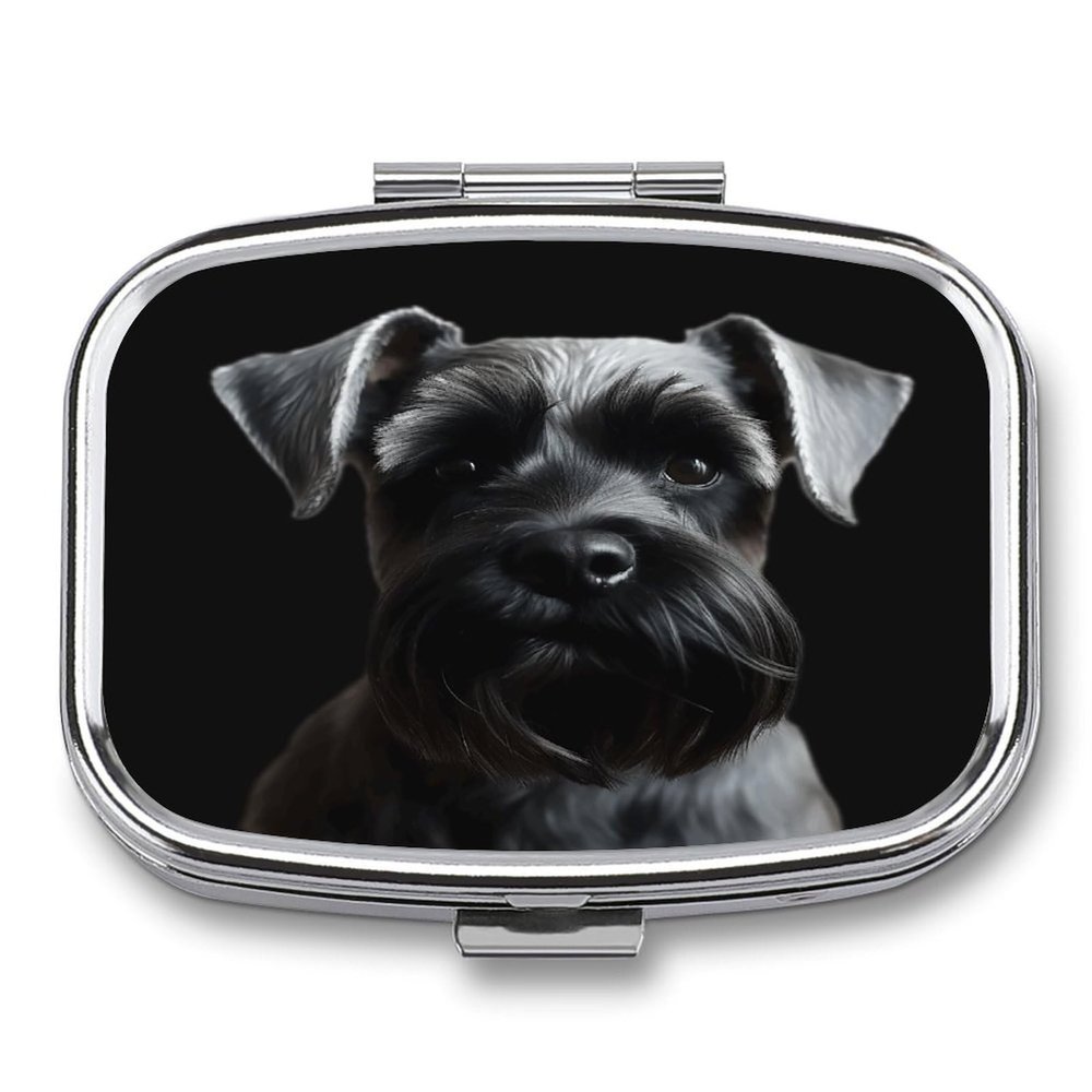 Pill Organizer Cute, Black Schnauzer Dog Printed Funny Pill Box Large 2 Compartment Weekly Monthly Travel Rectangle Portable Pocket Purse Pill Container