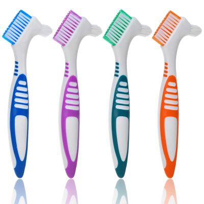 Denture Brush Hard Double Sided Multi-Layered Bristles Ergonomic Rubber Anti-Slip Handle 4 Pack - Denture Toothbrush Retainers Cleaning Brush False Teeth Care Asst Colors