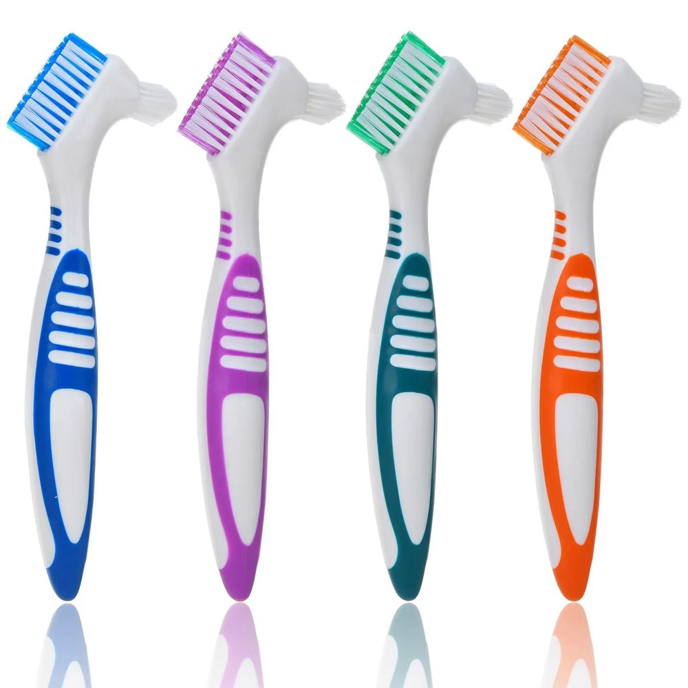 Denture Brush Hard Double Sided Multi-Layered Bristles Ergonomic Rubber Anti-Slip Handle 4 Pack - Denture Toothbrush Retainers Cleaning Brush False Teeth Care Asst Colors