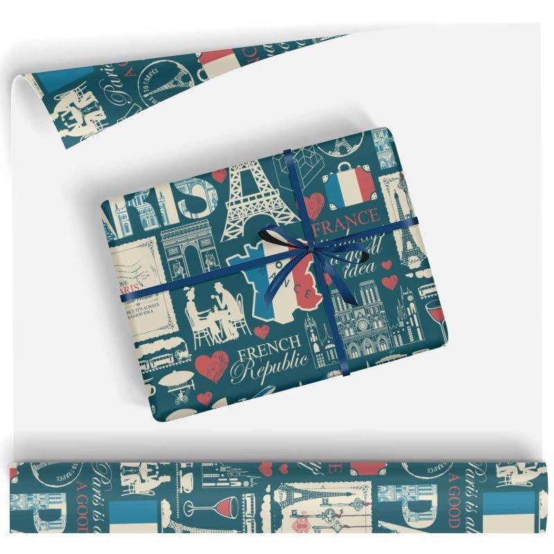 Paris Theme Pattern Gift Wrapping Paper Rolls Cute Wrapping Paper Sheet -58 Inch X 23 Inch Per Sheet For Party, Baby Shower Wrapping Paper For Boys Girls Kids Men Women Holiday