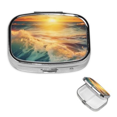 Pill Case Pill Box Sunrise with Ocean Sea Waves Pill Organizer 2 Compartment Small Pill Case for Purse or Pocket Travel Pillbox Portable Pill Container Holder Vitamin Organizer