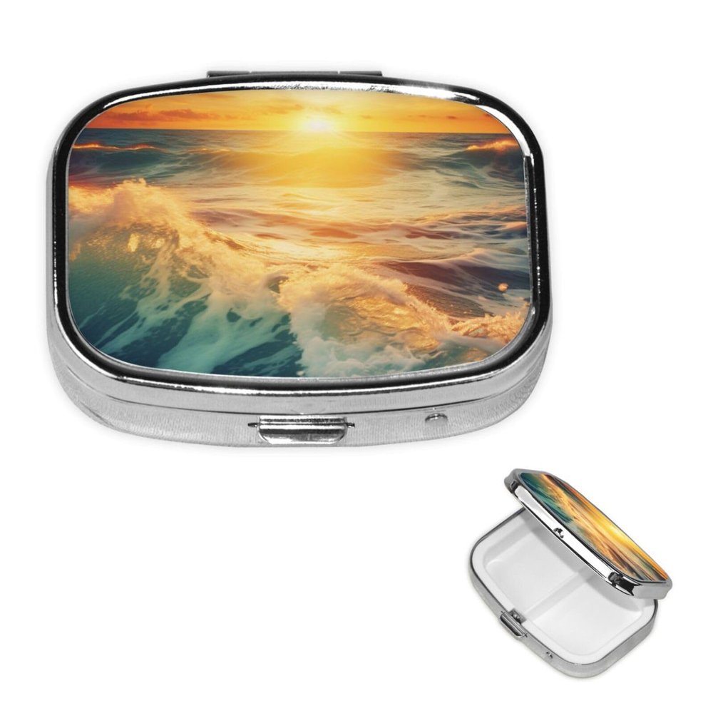 Pill Case Pill Box Sunrise with Ocean Sea Waves Pill Organizer 2 Compartment Small Pill Case for Purse or Pocket Travel Pillbox Portable Pill Container Holder Vitamin Organizer