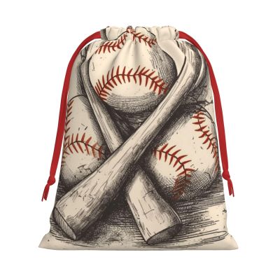 GDSHJKLW Hand Drawn Baseball Bats And Ball Christmas Drawstring Gift Bags Christmas Wrapping Bags Xmas Treats Bags Goody Sweet Treat Candy Bags Christmas Party Favor Pouch (Large Medium Small)