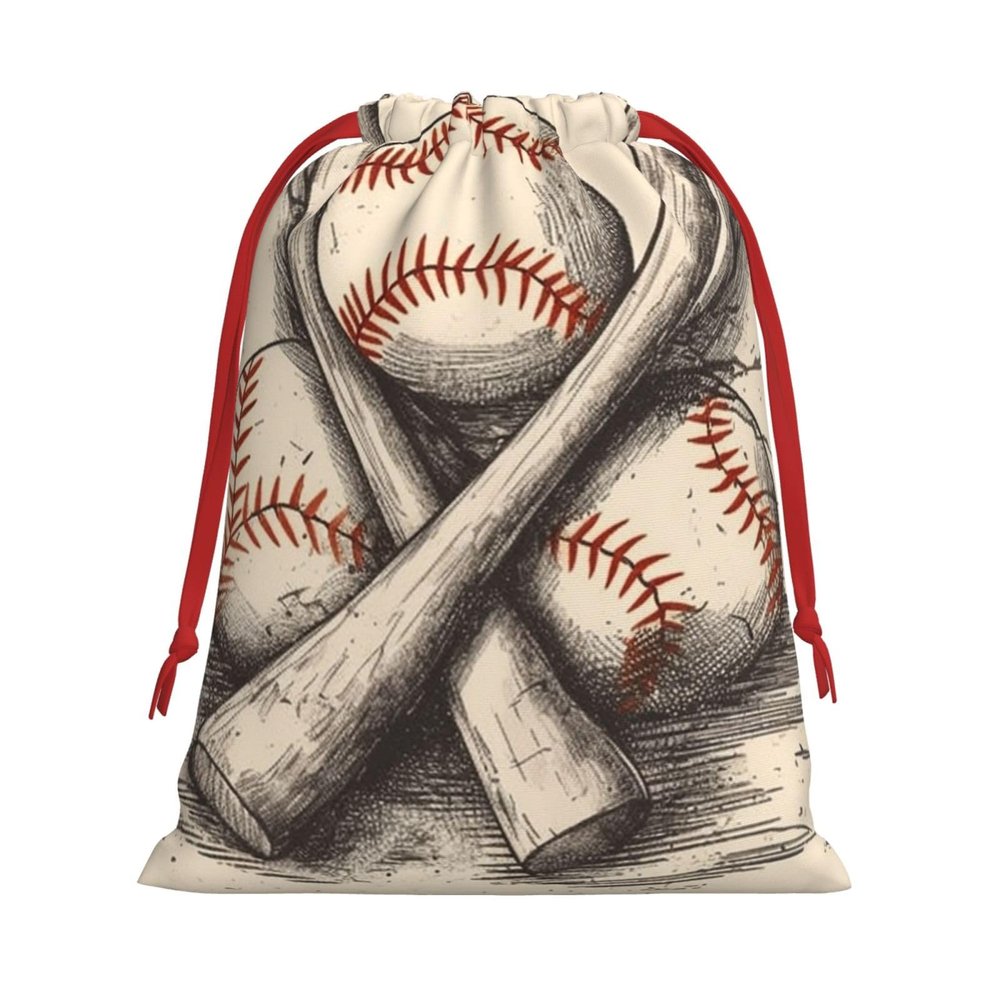 GDSHJKLW Hand Drawn Baseball Bats And Ball Christmas Drawstring Gift Bags Christmas Wrapping Bags Xmas Treats Bags Goody Sweet Treat Candy Bags Christmas Party Favor Pouch (Large Medium Small)