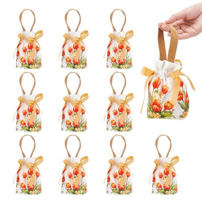 NBEADS 10 Pcs Floral Small Gift Bags with Handles, Flower Drawstring Bags Tea Party Favor Bags Velvet Small Bag for Wedding Birthday Bridal Shower Tea Party, Sandy Brown, 6.9x5.3Inch