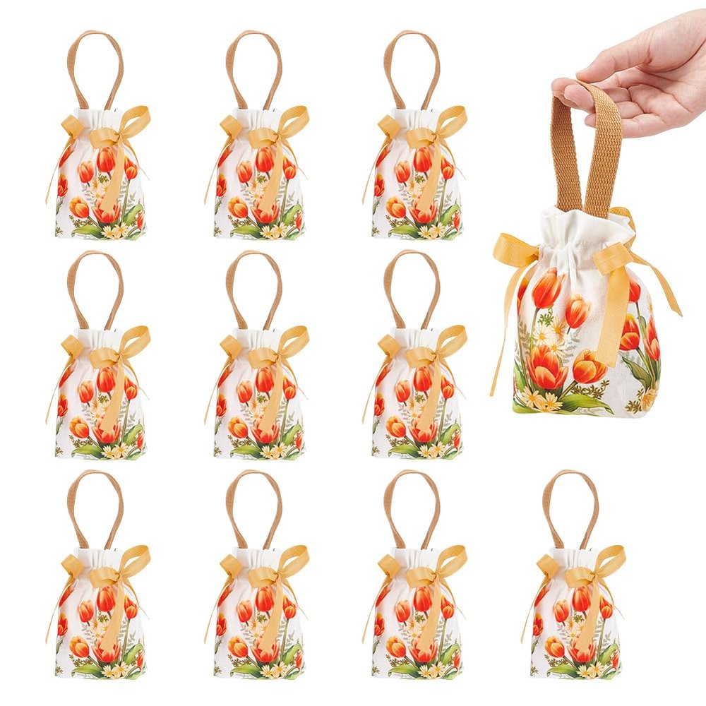 NBEADS 10 Pcs Floral Small Gift Bags with Handles, Flower Drawstring Bags Tea Party Favor Bags Velvet Small Bag for Wedding Birthday Bridal Shower Tea Party, Sandy Brown, 6.9x5.3Inch