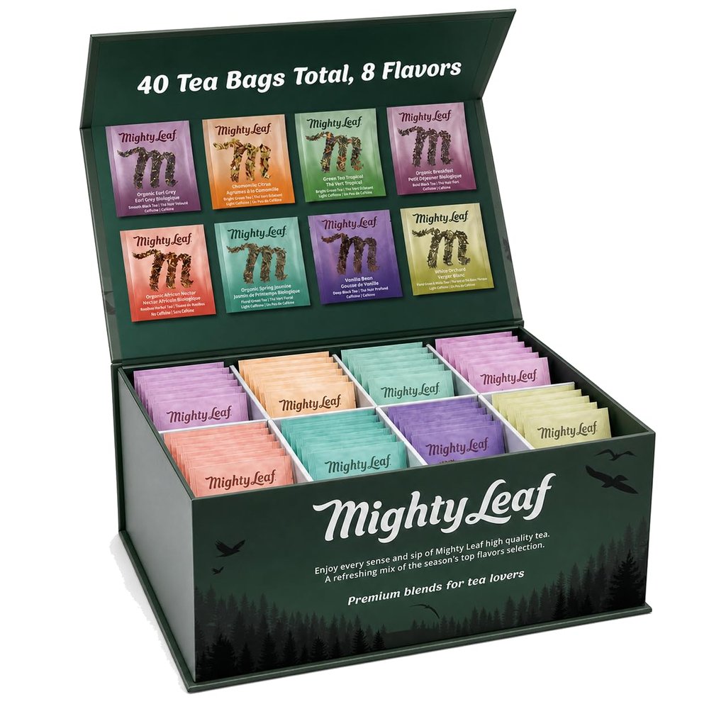 Mighty Leaf Tea Sampler - Assorted Flavors: Tropical Green - 40 Count Tea Pouches - Premium Black Tea with Rich Flavor - Individually Wrapped Tea Bags