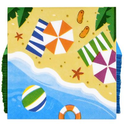 100 Nautical Beach Cocktail Beverage Napkins Disposable Paper Seashell Umbrella Sand Dessert Napkin Summer Tropical Coastal Birthday Party Supplies