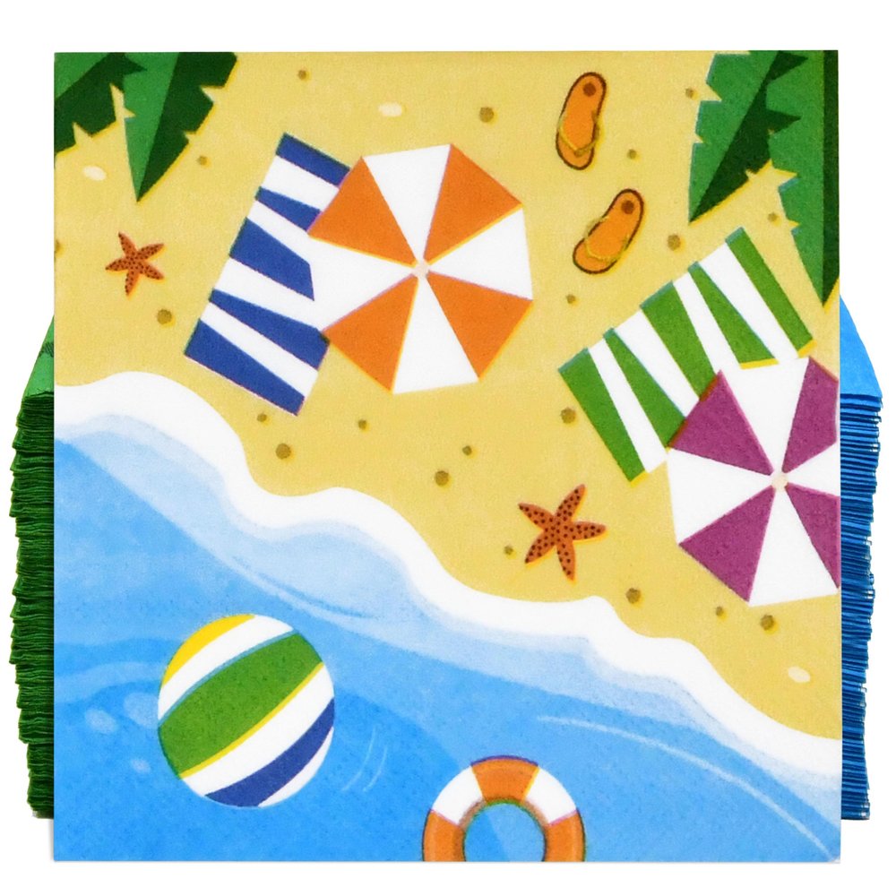 100 Nautical Beach Cocktail Beverage Napkins Disposable Paper Seashell Umbrella Sand Dessert Napkin Summer Tropical Coastal Birthday Party Supplies