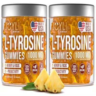 2 Pack - JOYLI L-Tyrosine Gummies 1000MG Sugar-Free Vegan Focus Supplement & Mood Support for Kids & Adults 500mg Per Gummy Sleep Gummies for Memory, Energy & Wellness 60 Pcs per Pack