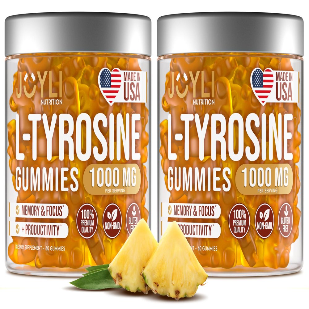 2 Pack - JOYLI L-Tyrosine Gummies 1000MG Sugar-Free Vegan Focus Supplement & Mood Support for Kids & Adults 500mg Per Gummy Sleep Gummies for Memory, Energy & Wellness 60 Pcs per Pack