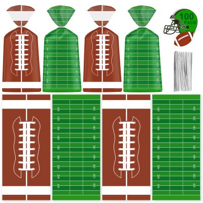 100 Pcs Football Goodie Bags - Brown Green Football Treat Bags, Plastic Rugby Sport Cellophane Snack Gift Candy Goody Bag with Silver Twist Ties for Sports Team Events Birthday Party Favors Supplies