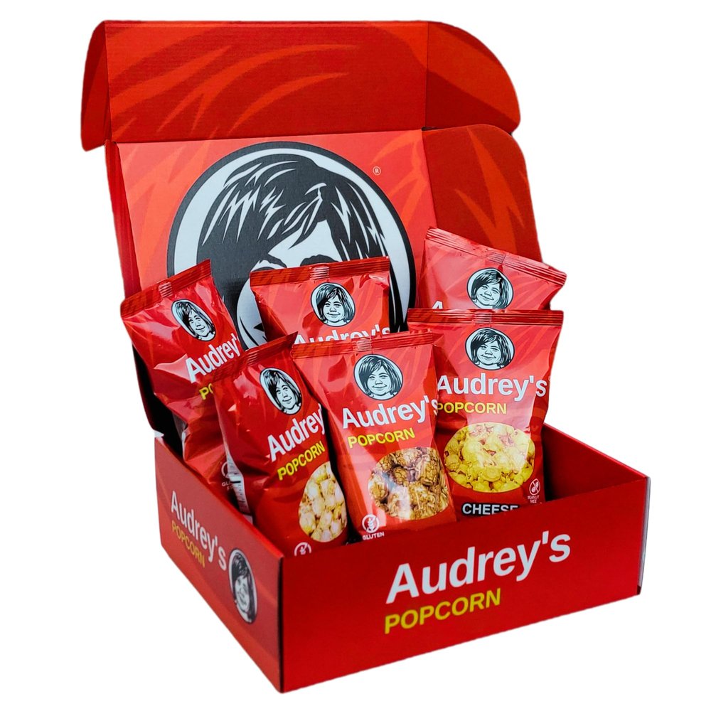 Audrey's Popcorn 6 Bag Variety Pack - (2 Caramel, 2 Kettle Corn, & 2 Cheddar Cheese) - Sweet & Savory Snack Box - Perfect for Gifts, Movie Night, Office & Sharing - Gluten Free - Peanut Free - World's Best Gourmet Popcorn.
