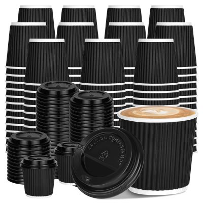100 4oz Disposable Espresso Cups with Lids Ripple Corrugated Paper Disposable Coffee Cups Cups for Hot Chocolate, Tea, and Cocoa Drinks (Black)
