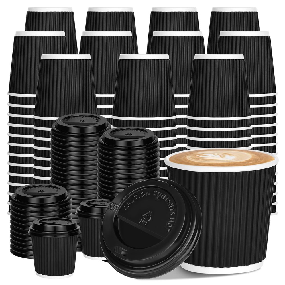 100 4oz Disposable Espresso Cups with Lids Ripple Corrugated Paper Disposable Coffee Cups Cups for Hot Chocolate, Tea, and Cocoa Drinks (Black)