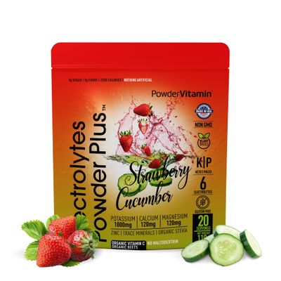 PowderVitamin Electrolytes Powder Plus (20 Servings) Strawberry Cucumber Electrolyte Powder Zero Calorie Keto,0Sugar,No Maltodextrin,1000mg Potassium,120mg Calcium,120mg Magnesium, Pink Himalayan Salt
