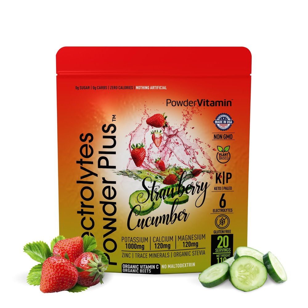 PowderVitamin Electrolytes Powder Plus (20 Servings) Strawberry Cucumber Electrolyte Powder Zero Calorie Keto,0Sugar,No Maltodextrin,1000mg Potassium,120mg Calcium,120mg Magnesium, Pink Himalayan Salt