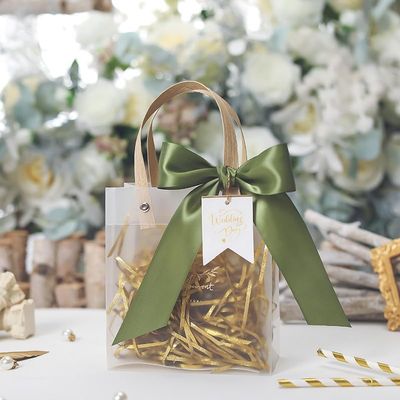 10-Pack Gift Bags with Satin Ribbon and Raffia Grass Elegant Reusable Wedding Favor Bags for Parties, Birthdays, and Special Occasions (Blue, S)