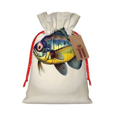 Fly Yellow Fish print Burlap Bag,Christmas Gift Bag with Drawstrings and Gift Tag Wedding Christmas Party Favors