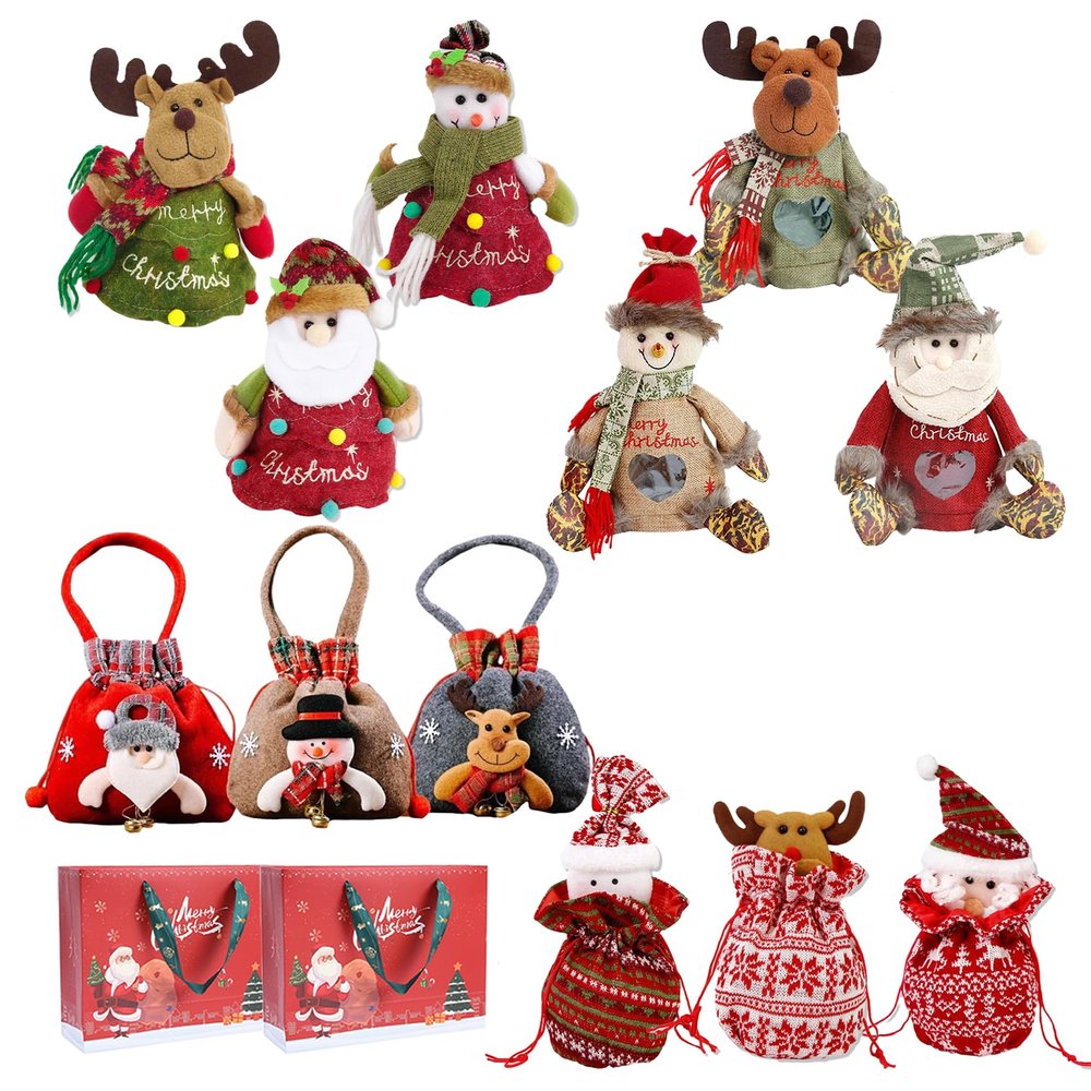 Christmas Gift Doll Bags, Christmas Gift Bags Zipper Design, 3D Doll Decoration Gift Bag, Santa Snowman Deer Doll Storage Bag, Christmas Zipper Bags (12pcs)