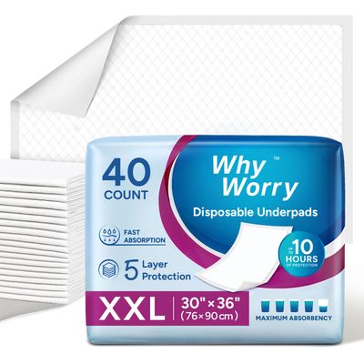 WhyWorry Extra Large Disposable Bed Pads 30" x 36", Super Absorbent Leakproof Incontinence Underpads for Surface Protection, Thick Quilted Chucks Pee Pads for Adults and Babies, 40 Count