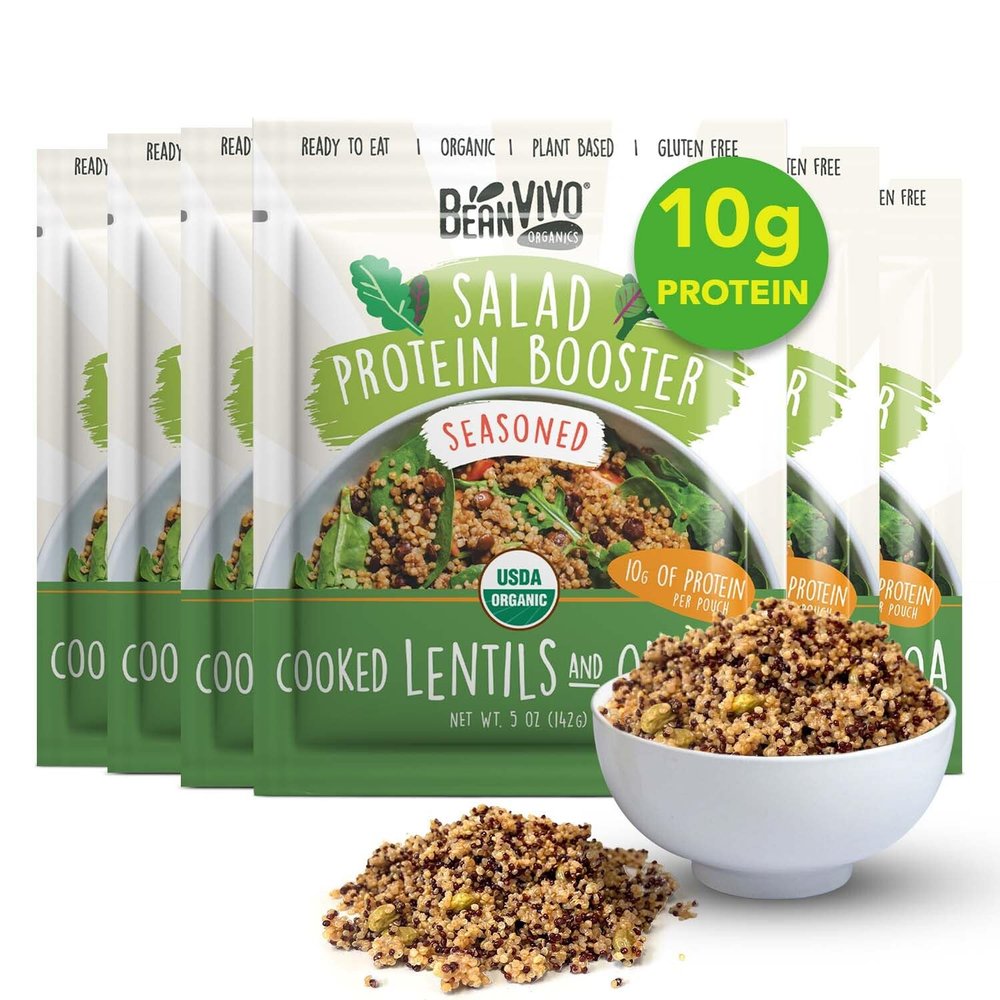 BeanVIVO 6-Pack Salad Protein Booster - Organic Lentils & Quinoa, fully cooked and seasoned, delivering a burst of taste and 10g of protein-packed goodness in every pouch 5oz