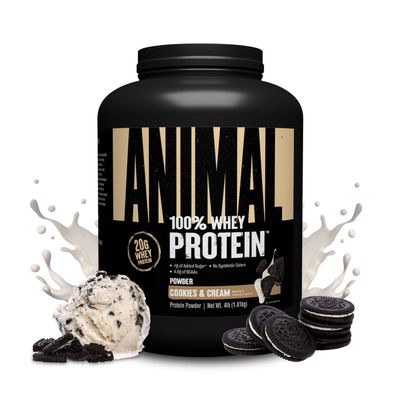 Animal 100% Whey Protein Powder Whey Blend for Pre Workout or Post Workout, Recovery, Anytime Low Sugar Protein Boost Meal Replacement with BCAA Branched Chain Amino Acids Cookies & Cream, 4 lb