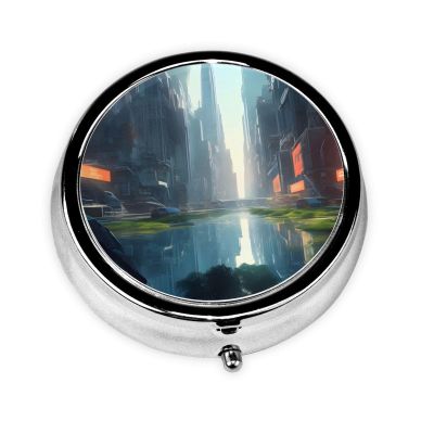 The City On The Waterround Pill Box, 3 Compartment Round Pill Box Organizer, ^Portable Travel Pill Box for Traveling.