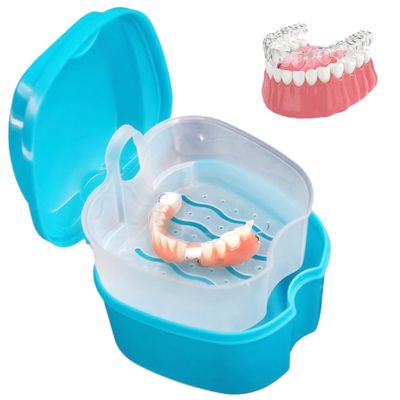 Denture Holder, Denture Case, Leak-Proof Portable Denture Cup with Strainer Basket, Multifunctional Lightweight Travel Denture Holder for Cleaning Denture, Denture Container