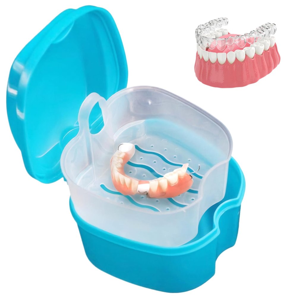 Denture Holder, Denture Case, Leak-Proof Portable Denture Cup with Strainer Basket, Multifunctional Lightweight Travel Denture Holder for Cleaning Denture, Denture Container