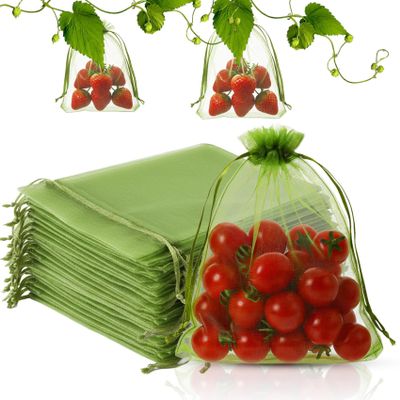 100Pcs Fruit Protection Bags 4x6inch Fruit Tree Netting Mesh Bag Green Fruit Netting Cover with Drawstring Fruits Protector Pest Barrier Organza Bags for Garden Protection Small Fruits Vegetable Plant