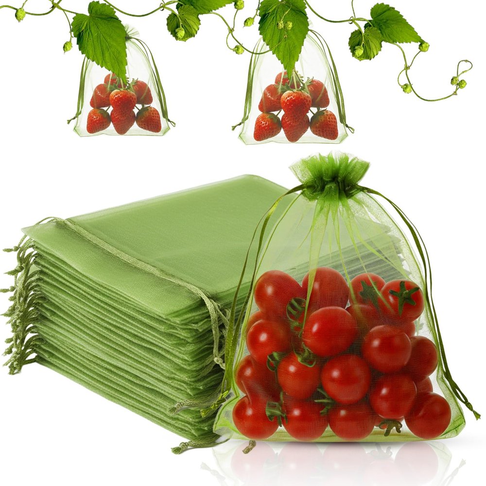 100Pcs Fruit Protection Bags 4x6inch Fruit Tree Netting Mesh Bag Green Fruit Netting Cover with Drawstring Fruits Protector Pest Barrier Organza Bags for Garden Protection Small Fruits Vegetable Plant